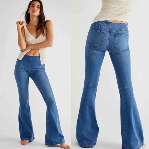 We The Free Denim - Free People Penny Pull-On Flare Stretch Jeans Fitted Waist 28